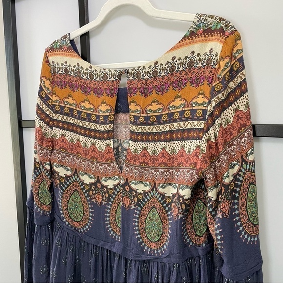 [M/L] Farm Rio Anthropologie Long Belle Sleeve Boho Pattern Shift Mini Dress - Picture 4 of 9
